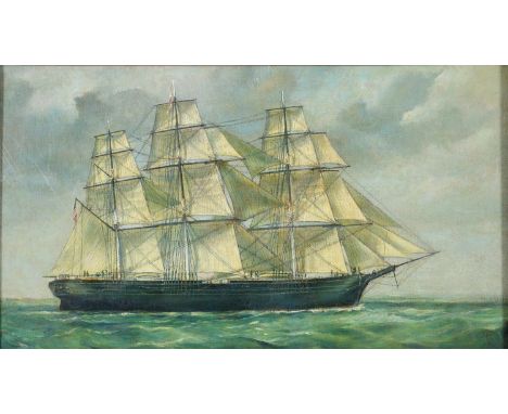 MARINE SCHOOL, PORTRAIT OF A FULL RIGGED SHIP AT SEA, OIL ON CANVAS, 32.5 X 58CM, OAK FRAME  Slightly scratched, varnish requ