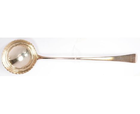 A GEORGE III SILVER SOUP LADLE, OLD ENGLISH PATTERN WITH GADROONED BOWL, CRESTED, 35CM L, BY THOMAS AND WILLIAM CHAWNER, LOND