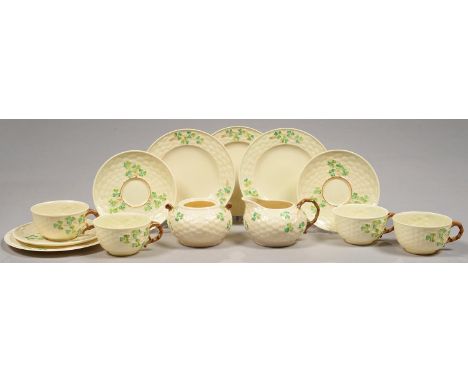 A BELLEEK SHAMROCK TEA SERVICE, SECOND PERIOD BLACK PRINTED MARK 1891-1926 (13)  Good condition