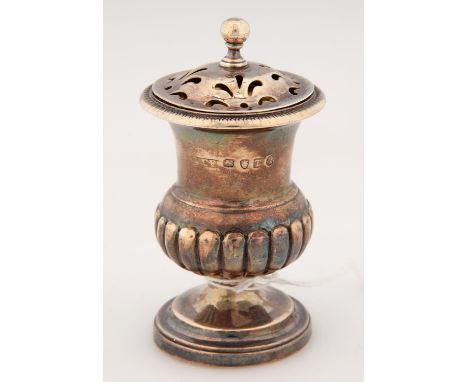 A GEORGE III CAMPANA SHAPED SILVER CASTER AND COVER, CRESTED, 8.5CM H, MARKS RUBBED, LONDON 1814, 2OZS 9DWTS  Light wear cons
