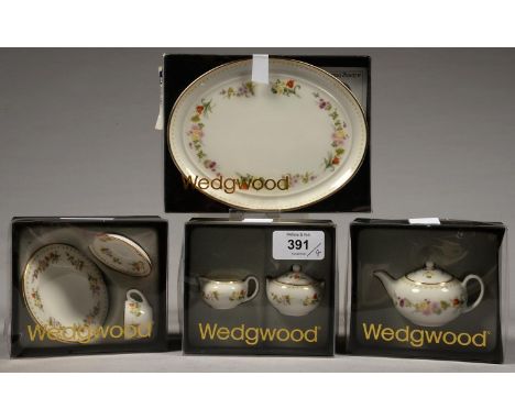 A WEDGWOOD BONE CHINA MINIATURE MIRABELLE PATTERN TEA SERVICE, OVAL TRAY 16CM L, PRINTED MARK, ALL BOXED  Good condition