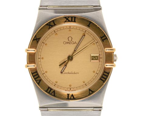AN OMEGA BI-METAL GENTLEMAN’S WRISTWATCH, CONSTELLATION, QUARTZ MOVEMENT, MAKER’S BRACELET  Working order when catalogued; go