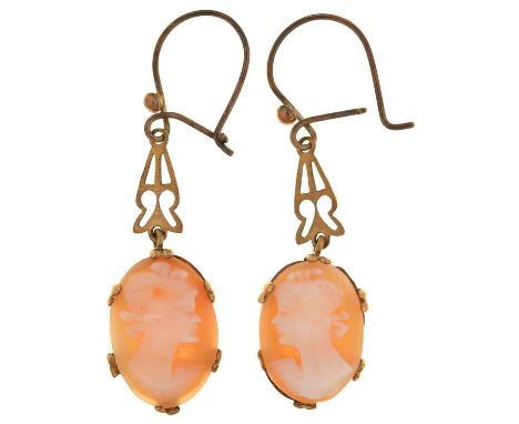 THREE PAIRS OF EARRINGS, COMPRISING CAMEO, BLACK ONYX AND RUBY AND SPLIT PEARL, ALL IN GOLD, VARIOUS SIZES, 6G  Good conditio