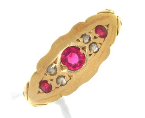 AN EDWARDIAN RUBY AND DIAMOND RING, IN 18CT GOLD, BIRMINGHAM, DATE LETTER RUBBED, 2.5G, SIZE K  Wear consistent with age, one