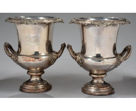 A PAIR OF OLD SHEFFIELD PLATE WINE COOLERS OF CAMPANA SHAPE WITH LEAFY SCROLLING HANDLES, THE DETACHABLE RIM WITH SHELLS, ENG