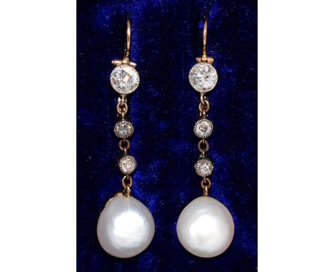 A PAIR OF NATURAL PEARL AND DIAMOND EARRINGS, MOUNTED IN SILVER AND GOLD, WIRE LOOPS, PEARLS OF APPROXIMATELY 6MM, 51MM DROP 