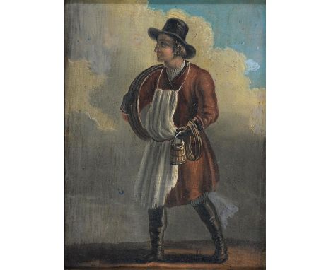 FLEMISH SCHOOL, 19TH C, ITINERANT BUTCHER AND ANOTHER TRADESMAN, A PAIR, OIL ON ZINC, 20 X 15CM  Both in good unrestored cond
