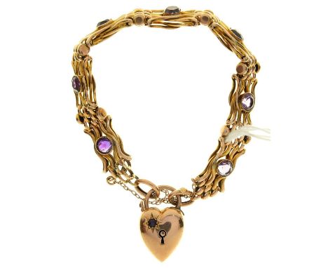 AN EDWARDIAN AMETHYST AND GOLD GATE BRACELET MARKED 9C AND CONTEMPORARY GYPSY SET AMETHYST AND 9CT GOLD PADLOCK, APPROXIMATEL
