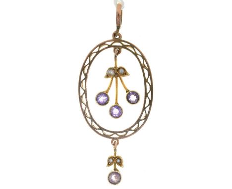 AN AMETHYST, SPLIT PEARL AND OVAL GOLD OPENWORK PENDANT, 42MM EXCLUDING LOOP, MARKED 9C, EARLY 20TH C, 2.8G  Good condition
