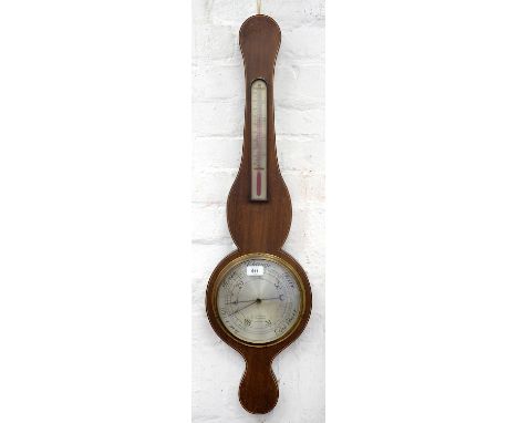 A MAHOGANY AND LINE INLAID ANEROID BAROMETER, THE SILVERED REGISTER ENGRAVED JOHN PERRY NOTTINGHAM, WITH ALCOHOL THERMOMETER,