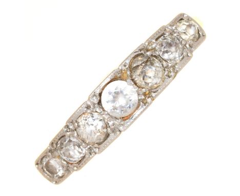 A DIAMOND SEVEN STONE RING, WITH OLD CUT DIAMONDS,&nbsp; MILLEGRAIN SET IN GOLD MARKED 18CT PLAT, 2.7G, SIZE M  Two of the di