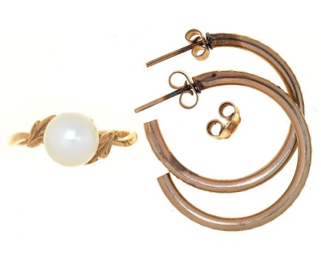 A CULTURED PEARL RING, GOLD HOOP MARKED K14, 2.2G, SIZE L AND A PAIR OF 9CT GOLD HOOP EARRINGS, 1.9G  One earring damaged