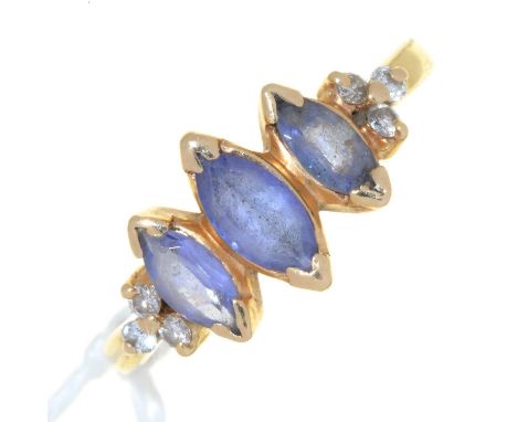 A&nbsp; TANZANITE THREE STONE RING, IN GOLD MARKED 14K, 3G, SIZE K  Good condition