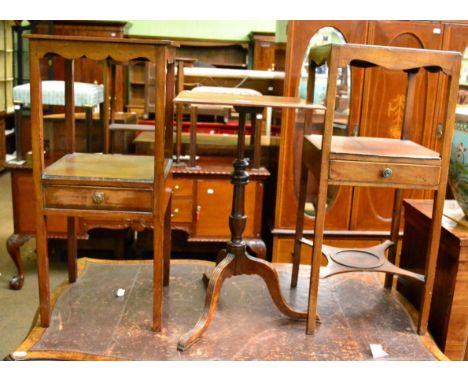 A small square tripod wine table and two square bedside tables 