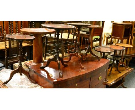 Seven assorted pedestal wine tables