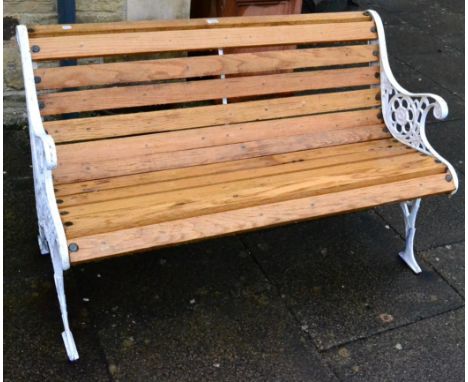 Victorian painted cast iron garden bench with oak slatted seat 