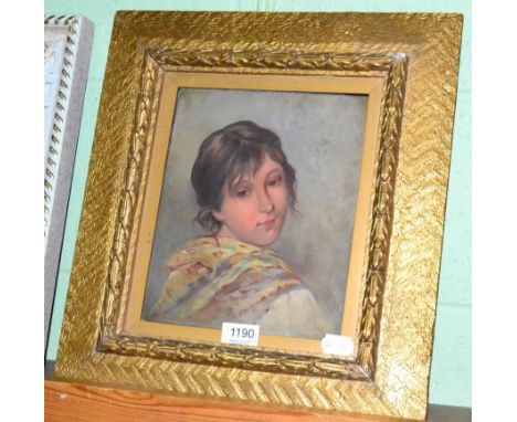 A late 19th century portrait oil on board, unsigned, in a gilt frame 