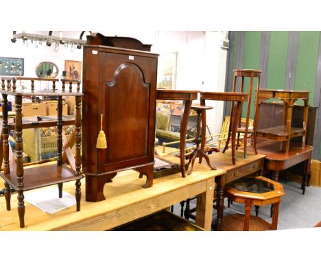 Reproduction oak glass top lamp table, pair of reproduction mahogany side tables, pedestal wine table, mahogany corner cabine