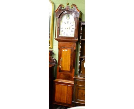 A 19th century string inlaid longcase clock with painted arch dial 