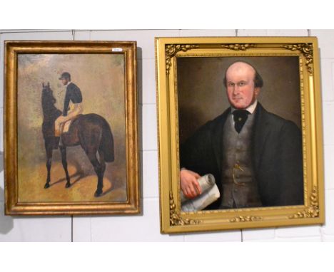19th century English School, portrait of a gentleman, oil on canvas; together with an oil on canvas depicting a jockey on hor
