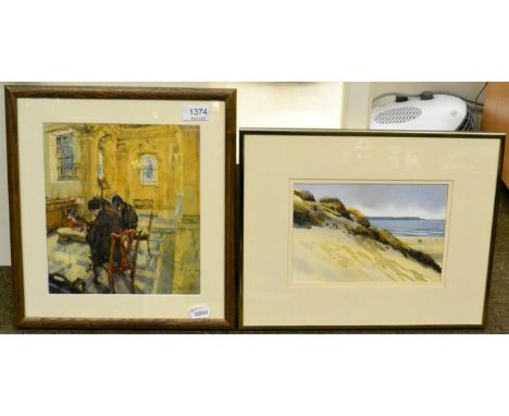 Celia Roberts, interior scene with figures, oil on panel together with a watercolour seascape by John Cleal 