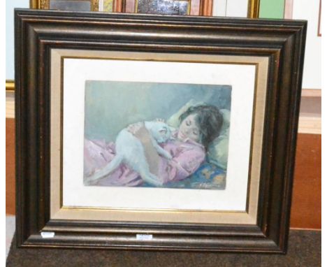 20th century contemporary, oil on board portrait of a girl with cat 
