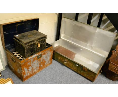 Metal deed box, army tin trunk, travelling trunk and a leather case 