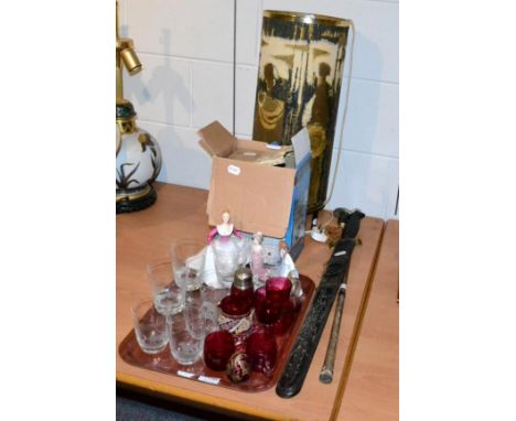 A collection of glasses etched with animals, cranberry glass, Mamod engine, Royal Doulton figure, a lamp, etc