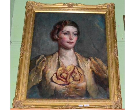 British School (20th century) portrait of a lady, half length, oil on canvas