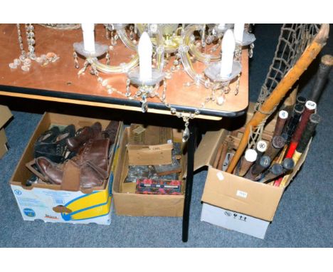 Two wooden jigsaws and box printing blocks, various sporting items and a collection of vintage shoes etc (three boxes)