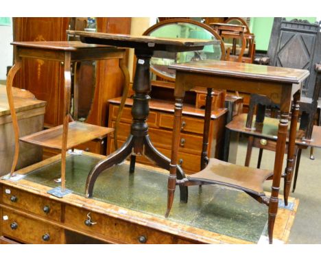 A rectangular tilt top top wine table and two inlaid side tables 