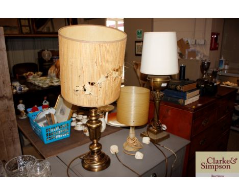 Three various table lamps including a brass Corinthian column oil lamp converted