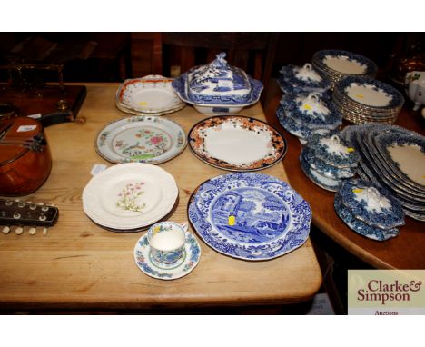 A blue and white Willow Pattern tureen, a Copeland Spode Italian Pattern cake plate, a Mason's Ironstone coffee cup and sauce