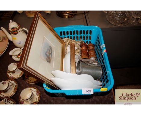 A box of miscellaneous items to include a print of The Seckford Hospital, Woodbridge, china dishes etc