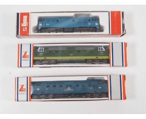 A group of LIMA N gauge diesel locomotives comprising Deltics in BR blue and green and a class 31 in BR blue - G/VG in G boxe