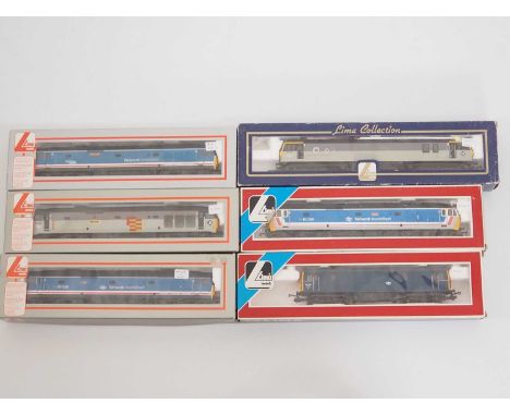 A group of LIMA OO gauge class 50 diesel locomotives in various liveries together with a class 73 ED and a class 92 electric 