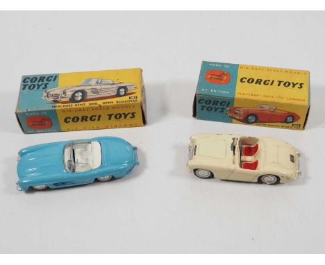 A pair of CORGI diecast cars comprising a 303 Mercedes Benz SL in blue (VG in G box) together with a 300 Austin Healey (F, mi