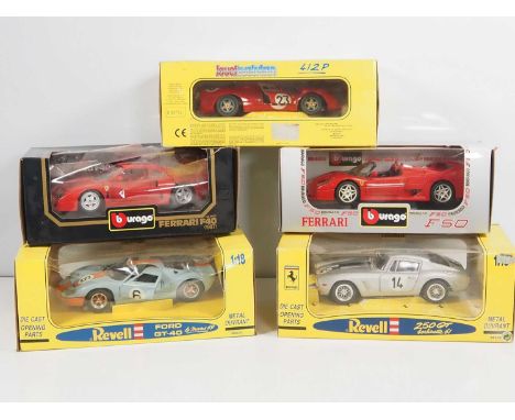 A group of 1:18 scale diecast racing cars by REVELL, BBURAGO and JOUEF - VG in G/VG boxes (5)
