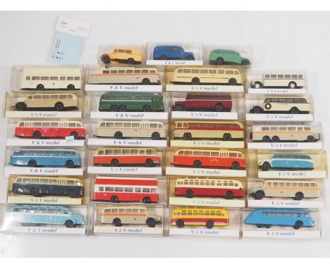 A group of 1:87 scale model buses in plastic together with a detailing transfer pack by V&V MODEL - who are a Czech based pro