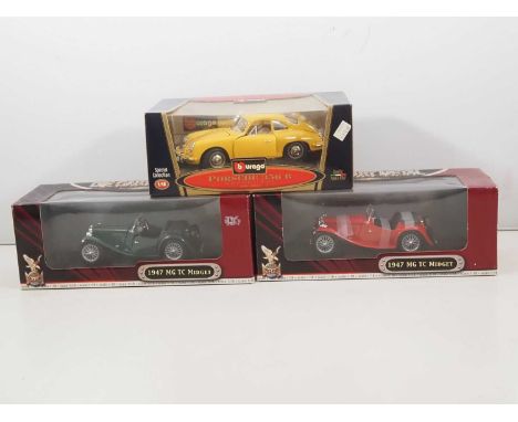 A group of 1:18 scale diecast cars by YAT MING and BBURAGO comprising 2 x MG TC Roadster together with a Porsche 356 B - VG/E