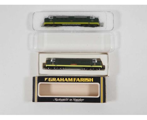 A pair of N gauge Deltic diesel locomotives comprising a FARISH version (boxed) and a LIMA version (unboxed) both in BR green