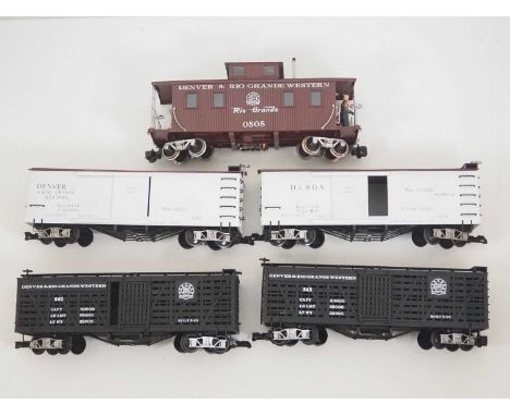 A group of G scale American Outline box cars and a caboose by BACHMANN most with upgraded running gear - VG (unboxed) (5)