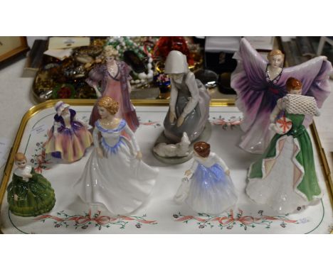 TRAY WITH VARIOUS FIGURINE ORNAMENTS, ROYAL DOULTON, NAO ETC     