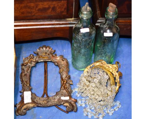DECORATIVE ART NOUVEAU STYLE PICTURE FRAME, 2 OLD GLASS BOTTLES &amp; VINTAGE LIGHT SHADE     