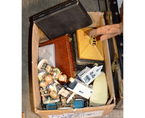 BOX WITH MIXED CERAMICS, VARIOUS BOXED SETS OF CUTLERY, HUMMEL FIGURINES, BOLS DECANTERS ETC     