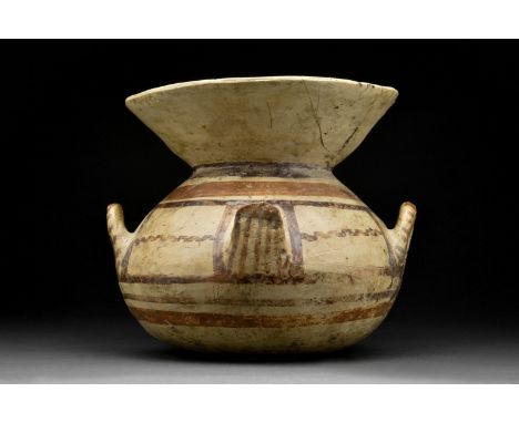 Circa 400 BCA large ceramic Greek funnel krater with deep funnelled rim, the body with large funnel-shaped neck, twin loop ha