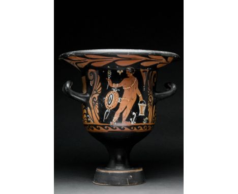 Circa 430-300 BC, Apulia A beautiful terracotta bell krater features a pedestal foot, cylindrical flared stem, inverted bell-