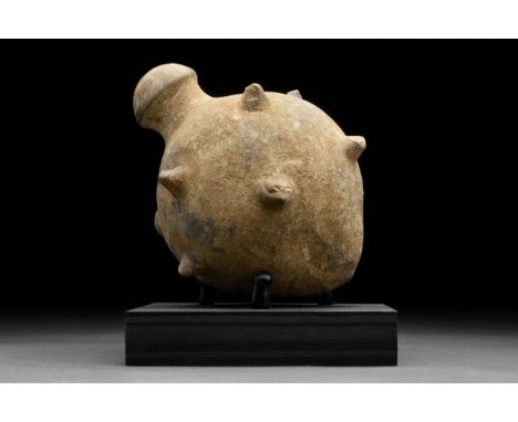 Circa 800-1000 ADA late Roman, early Byzantine glazed ceramic grenade, also referred to as "Greek Fire". This hollow ceramic 