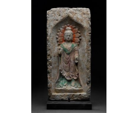 Circa 386-543 ADA finely moulded Chinese grey pottery tile, features buddha within an arched recess. Buddha is standing, back