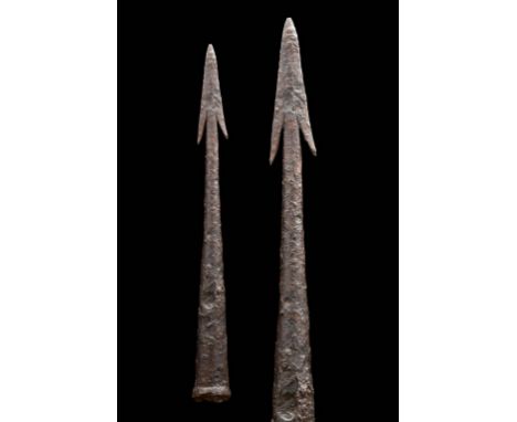 Circa 100-200 ADA forged iron spearhead of the pilum type with split conical socket, lozenge-section shaft, and lanceolate he